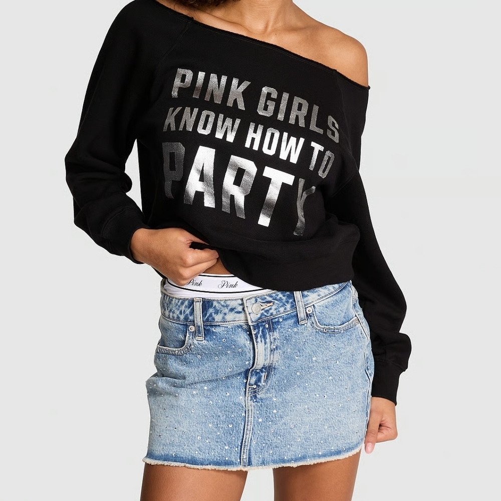 PINK Victoria's Secret Black Off-Shoulder Sweatshirt with Silver Foil Text